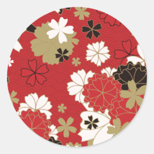 Pegatina Redonda Patrón floral elegante sakura japonés