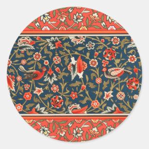 Pegatina Redonda Patrón Floral Indo-Persa Bohemio Antiguo Rojo