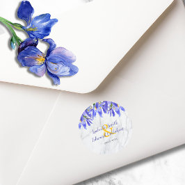 Pegatina Redonda Patrón Floral Iris Azul Real Mármol Gris Moderno