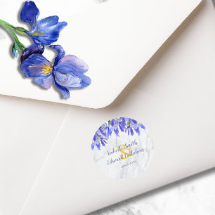 Pegatina Redonda Patrón Floral Iris Azul Real Mármol Gris Moderno