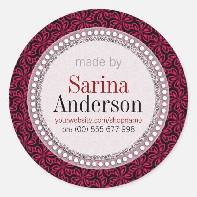 Pegatina Redonda Patrón Floral Negro Rojo Hecho Por Pegatinas De Et (Anverso)