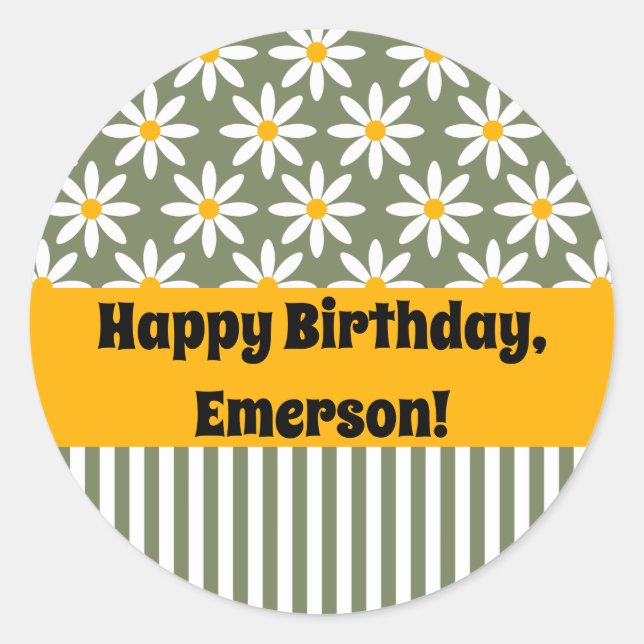 Pegatina Redonda Patrón floral Retro Sage Green Daisies (Anverso)