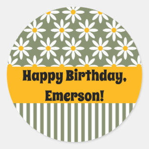 Pegatina Redonda Patrón floral Retro Sage Green Daisies