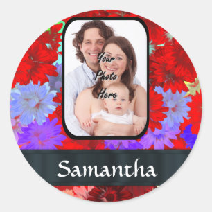 Pegatina Redonda Patrón floral rojo y púrpura