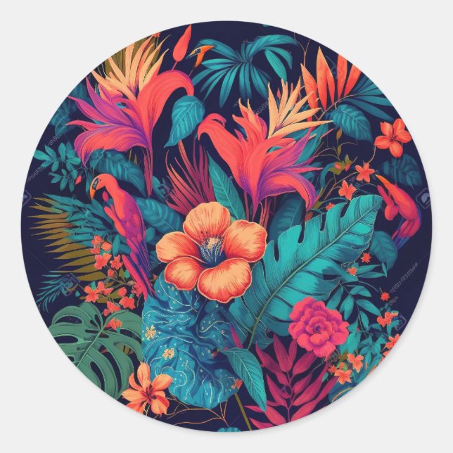Pegatina Redonda Patrón floral tropical rico (Anverso)