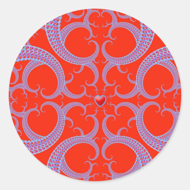 Pegatina Redonda Patrón fractal del corazón rojo (Anverso)