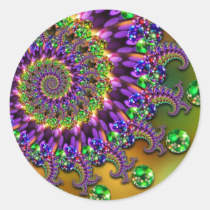 Pegatina Redonda Patrón fractal morado y verde bokeo