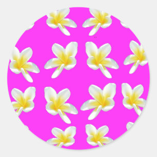 Pegatina Redonda Patrón Frangipani Rosado Y Amarillo Caliente,