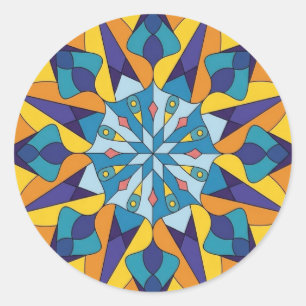 Pegatina Redonda Patrón geométrico fractal azul y amarillo
