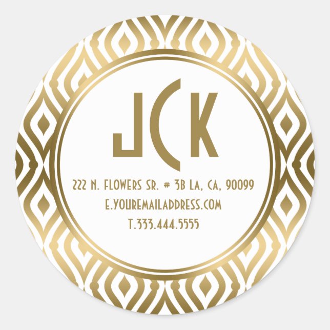 Pegatina Redonda Patrón geométrico moderno blanco y dorado (Anverso)