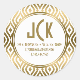 Pegatina Redonda Patrón geométrico moderno blanco y dorado