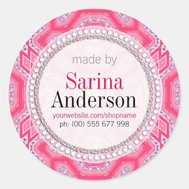 Pegatina Redonda Patrón Geométrico Rosa Hecho Por Pegatinas De Etiq (Anverso)