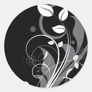 Pegatina Redonda Patrón gris floral sobre negro