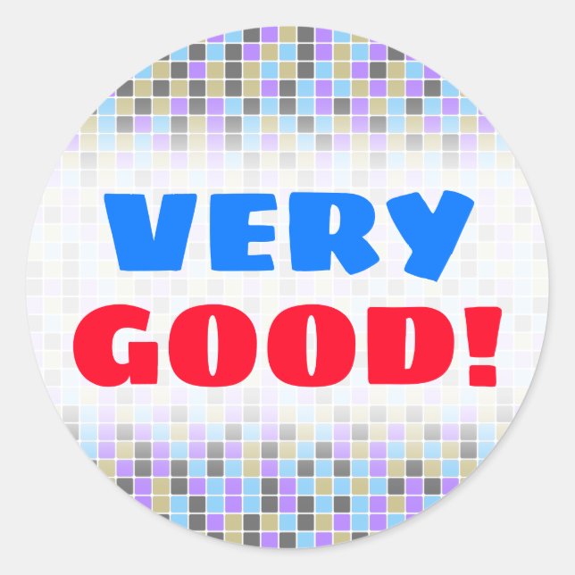 Pegatina Redonda Patrón gris, púrpura, beige, cuadrado azul/mosaico (Anverso)