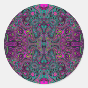 Pegatina Redonda Patrón Groovy Abstracto de Magenta y Azul Teal
