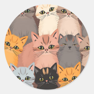 Pegatina Redonda Patrón Ilustrado de Caritas de Gatos Adorables