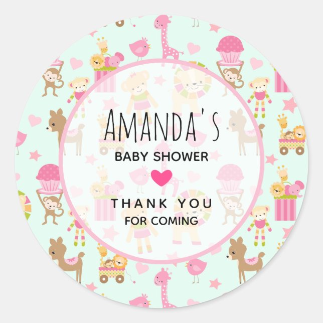 Pegatina Redonda Patrón lindo con animales felices y juguetes (Anverso)