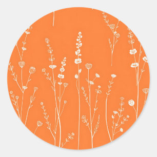 Pegatina Redonda Patrón Mínimo de Flor Silvestre Naranja Quemada