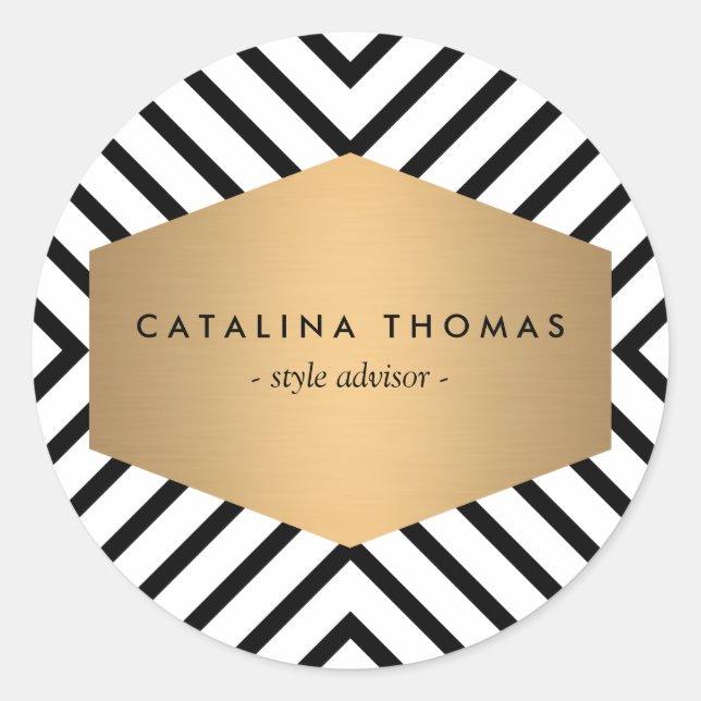 Pegatina Redonda Patrón negro y blanco retro con emblema dorado (Anverso)