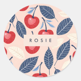Pegatina Redonda Patrón personalizado de cerezo y hoja monograma