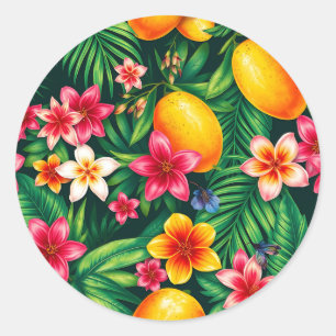 Pegatina Redonda Patrón tropical de mango y hoja de palma