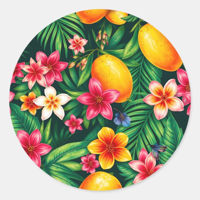 Pegatina Redonda Patrón tropical de mango y hoja de palma (Anverso)