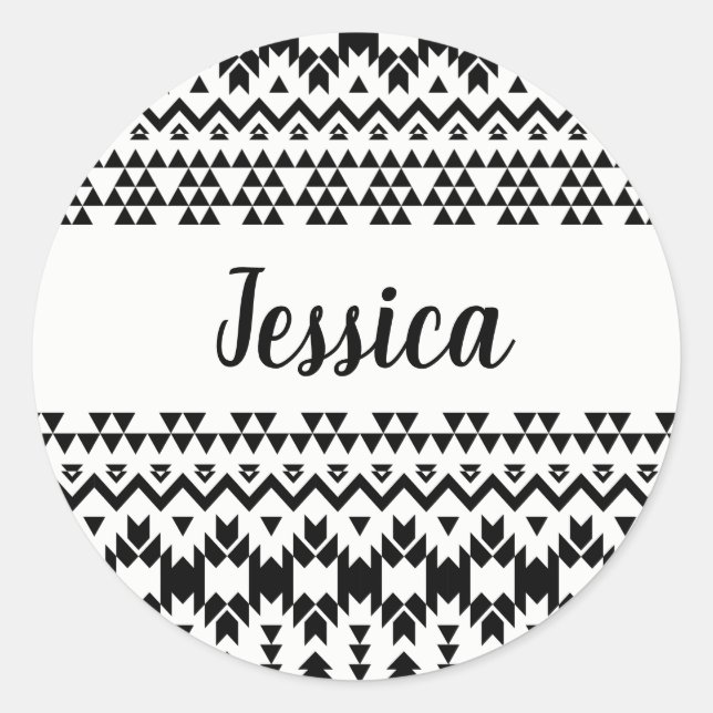 Pegatina Redonda Patrón vectorial geométrico azteca blanco y negro (Anverso)
