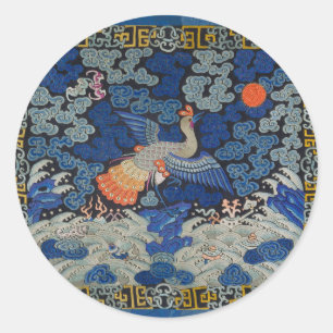 Pegatina Redonda Patrón Vintage de Grulla China: Azul Imperial