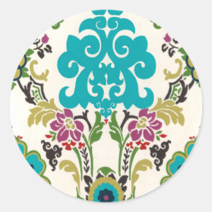 Pegatina Redonda Patrones florales Damask Plum Turquoise