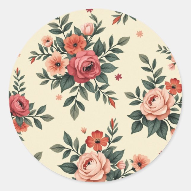Pegatina Redonda Patrones florales de época con elegancia clásica (Anverso)