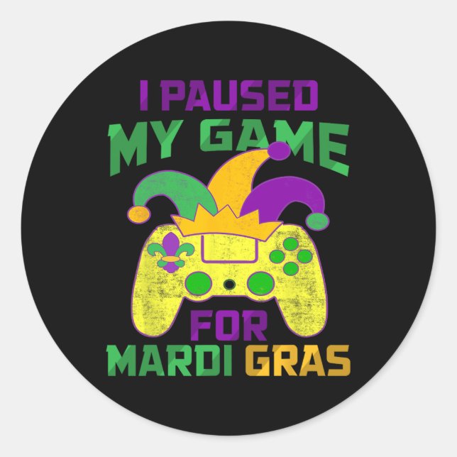 Pegatina Redonda Pausa Mi Juego Para El Control De Vídeo Mardi Gras (Anverso)