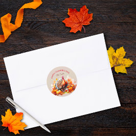 Pegatina Redonda Pavo de Acción de Gracias y calabazas a la acuarel