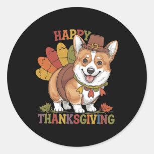 Pegatina Redonda Pavo de perro Corgi de Acción de Gracias