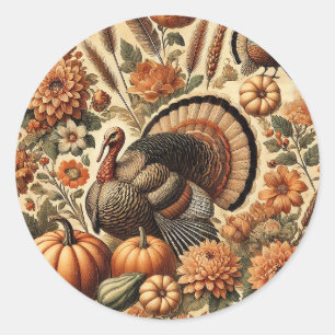 Pegatina Redonda Pavo Feliz Día de Acción de Gracias
