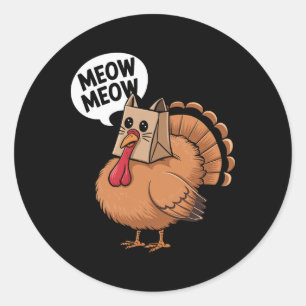 Pegatina Redonda Pavo Gato Miau Día de Acción de Gracias Divertido