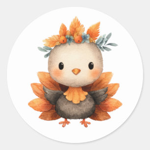 Pegatina Redonda Pavo pequeño adorable de Acción de Gracias con acu