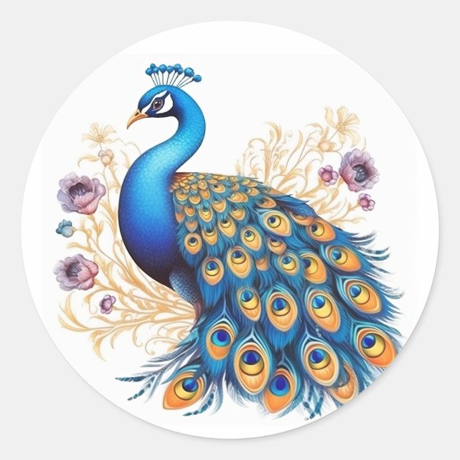 Pegatina Redonda Pavo Real Con Flores Moradas (Anverso)