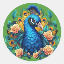 Pegatina Redonda Pavo Real con Rosas de Melocotón