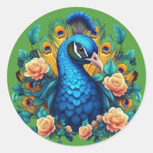 Pegatina Redonda Pavo Real con Rosas de Melocotón
