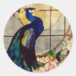 Pegatina Redonda Pavo real hermoso del vitral