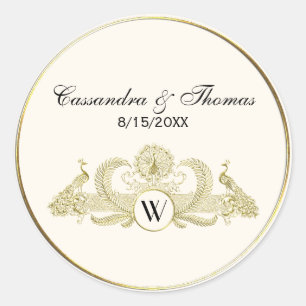 Pegatina Redonda Pavos Reales Vintage Monograma Dorado Falso Marfil