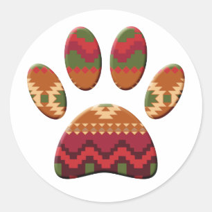 Pegatina Redonda Paw de perro de patrón azteca