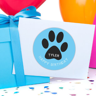Pegatina Redonda Paw Print Blue Happy Birday Name