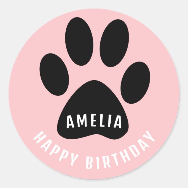 Pegatina Redonda Paw Print Pink Happy Birthday Sticker with Name (Anverso)