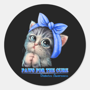 Pegatina Redonda Paws For Cure Diabetes Awareness Cute Cat Blue
