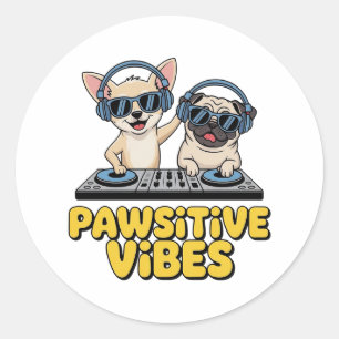 Pegatina Redonda Pawsitive Vibes Dj Perros