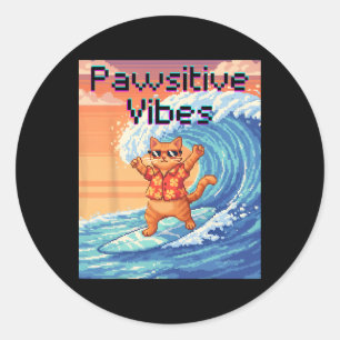 Pegatina Redonda Pawsitive Vibes Gato Surfing - Ola de Arte de Pixe