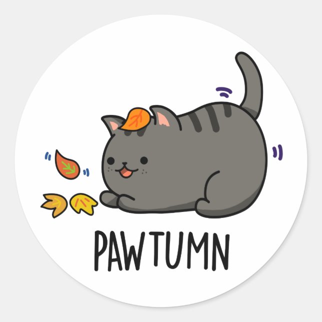 Pegatina Redonda Pawtumn lindo Autumn Kitty Cat Pun (Anverso)