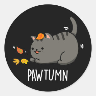 Pegatina Redonda Pawtumn lindo Autumn Kitty Cat Pun Dark BG
