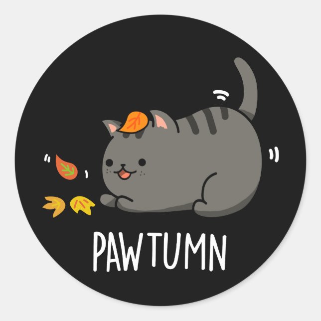Pegatina Redonda Pawtumn lindo Autumn Kitty Cat Pun Dark BG (Anverso)